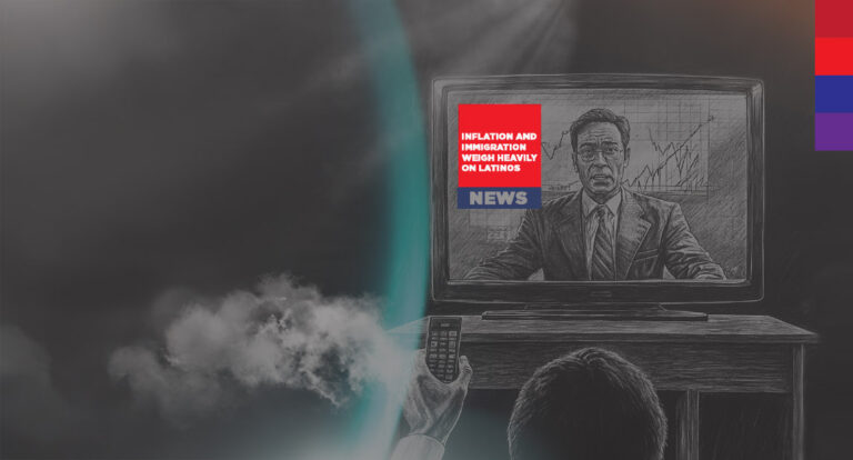 A Latino male watching a news report on his television with the headline "Inflation and Immigration weigh heavily on Latinos."